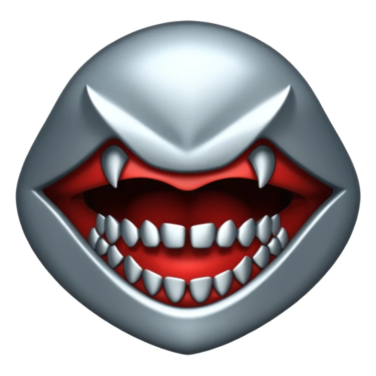 Stylized emoji icon of metallic teeth with sharp fangs, chrome texture, dark shadows, aggressive look sticker