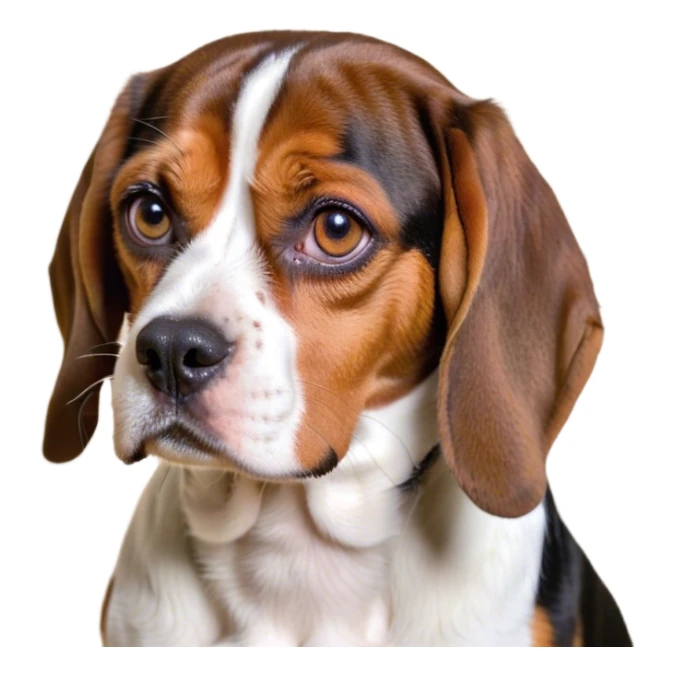 Cinematic Meme-Worthy Grumpy Tri-Color Beagle Portrait Emoji, Head held high but eyes filled with dramatic disappointment, showcasing a smooth tri-color coat of white, brown, and black, deeply furrowed brow forming an unmistakable scowl, floppy ears slightly angled back in disapproval, piercing hazel eyes glaring with pure exasperation, Simplified yet hilariously over-exaggerated features, highly detailed, glowing with an aura of supreme annoyance, high shine, exhausted yet judgmental, stylized with an almost regal pettiness, bright but brooding, soft glowing outline, capturing the essence of a companion that has seen it all and is thoroughly unimpressed, so meme-worthy it feels like it could instantly become the next viral sensation of grumpiness! sticker