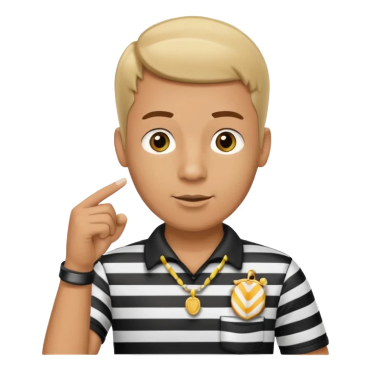 A calm referee with striped shirt, pointing clearly toward the field wearing whistle as a necklace sticker