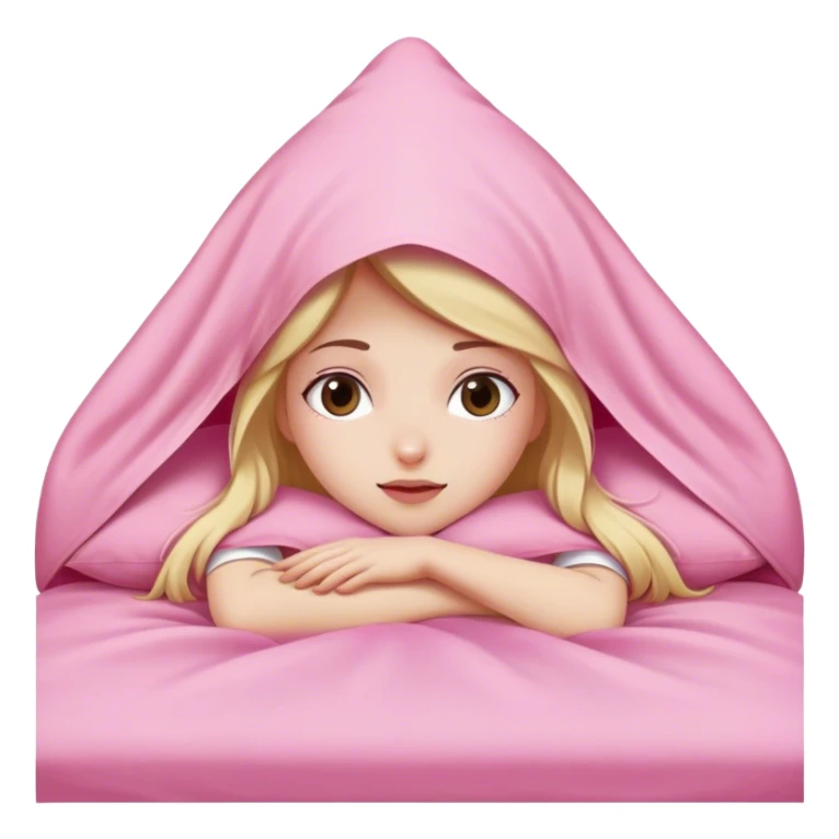 Girl laying on bed with pink covers over head sticker