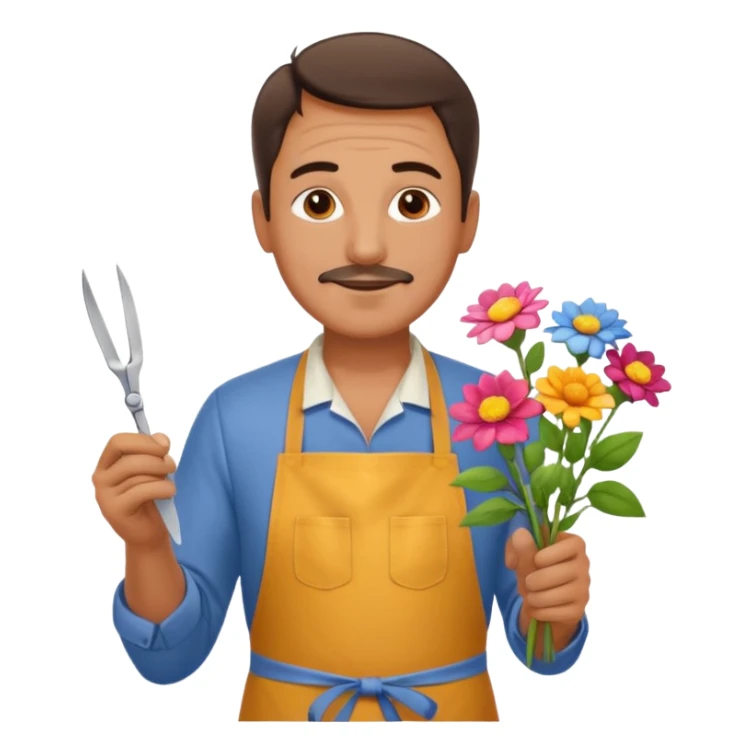 Middle-aged male florist – apron on, trimming stems with scissors sticker