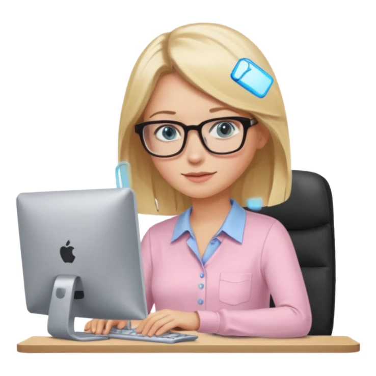 redattrice editoriale. Bionda, capelli lisci biondo scuro, lunghezza media. Occhi azzurri/blu con occhiali. è al pc a lavorare. Indossa una camicetta rosa chiaro sticker