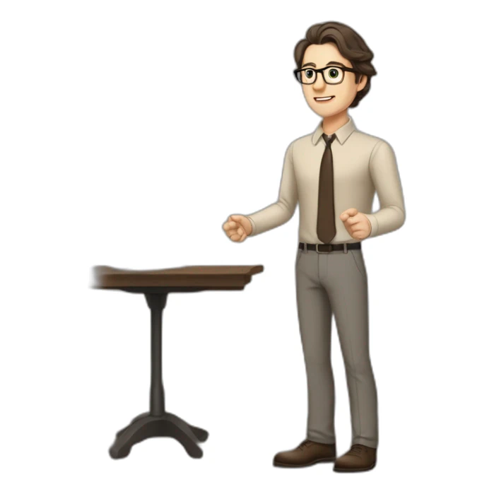Full height Pale skinned fit man with dark brown hair in gray jacket, beige office shirt, brown tie, brown pants and vintage glasses. His right hand stretched out sticker