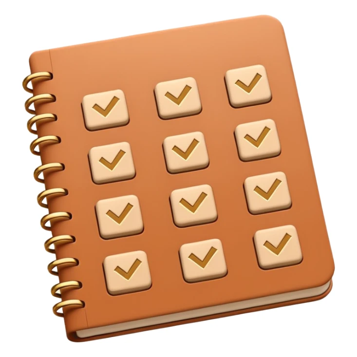modern elegant planner with checkmarks emoji, 3D style, light terracotta, beige or pink and gold, clean design sticker