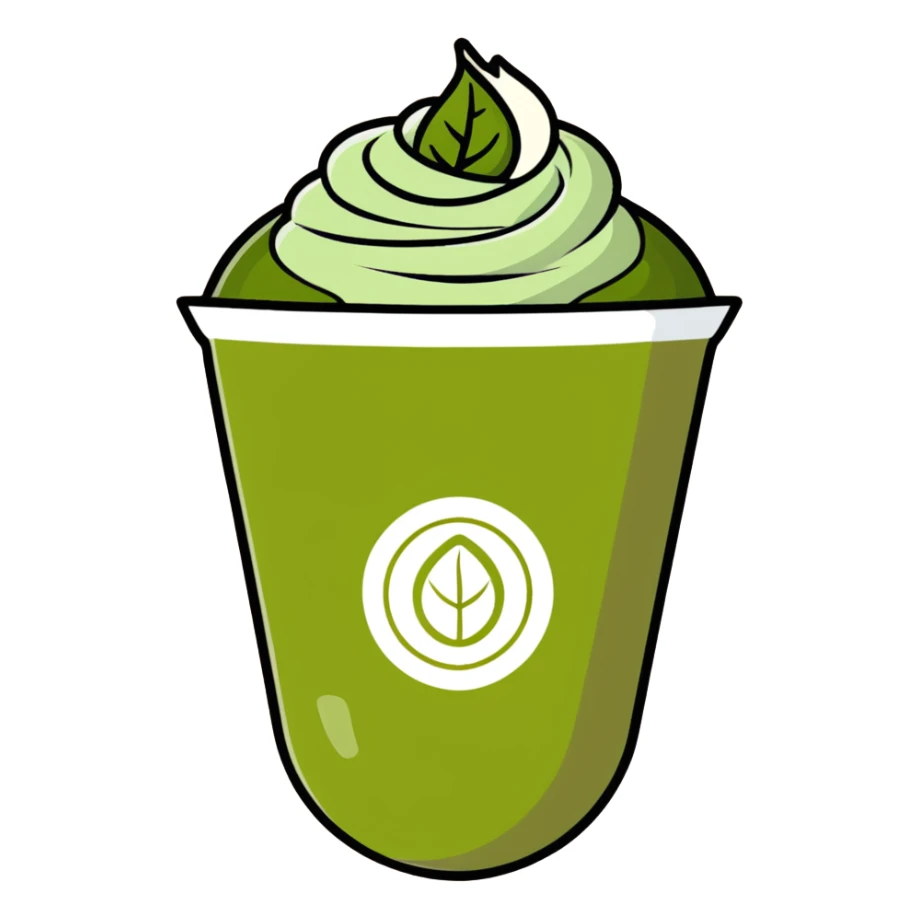 matcha latte with leaf detail, warm olive-brown tones, soft dreamy illustration sticker