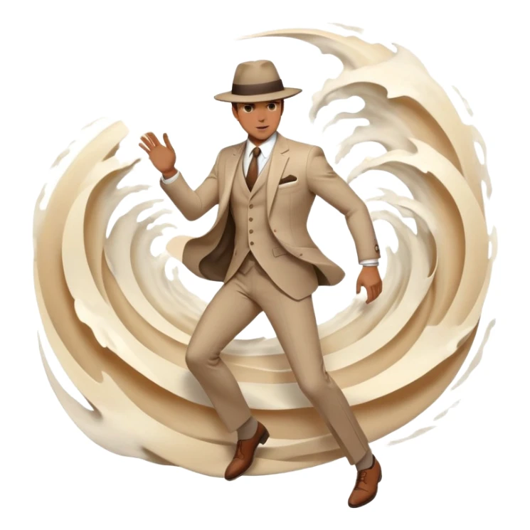 Ethereal male silhouette with suit jacket and hat, surrounded by flowing energy waves and subtle style elements, masculine fashion inspiration sticker
