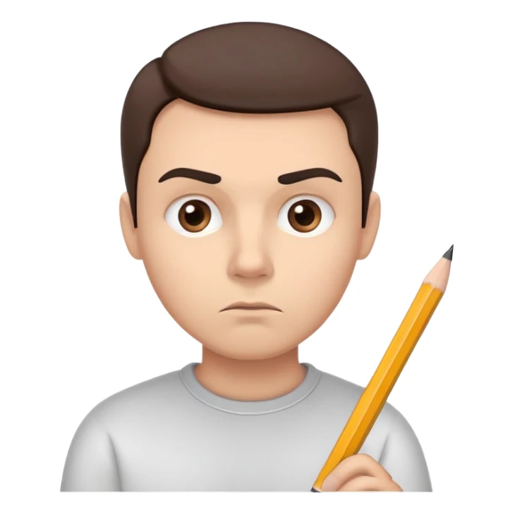A head with a raised eyebrow, symbolizing doubt or evaluation, holding a pencil in hand. The expression represents assessment, attention to detail, and giving an opinion. Minimalist, modern design with a focus on the facial expression and pencil sticker