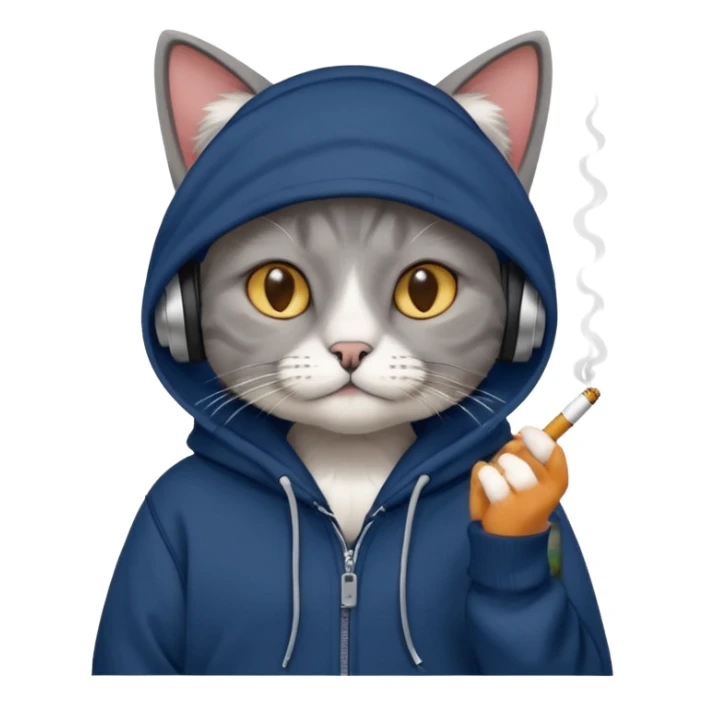 cat in headphones, in a dark-blue almost black oversized hoodie with a cigarette in his hand sticker
