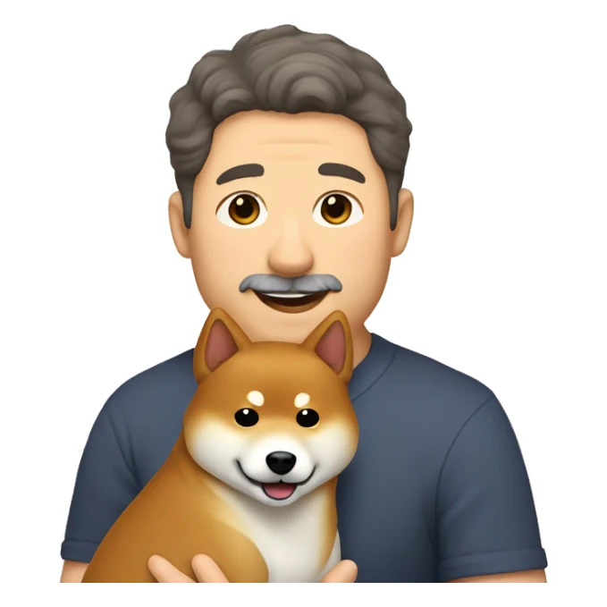 Shiba-inu cuddles middle age man with curly dark brown  hair without bear  sticker