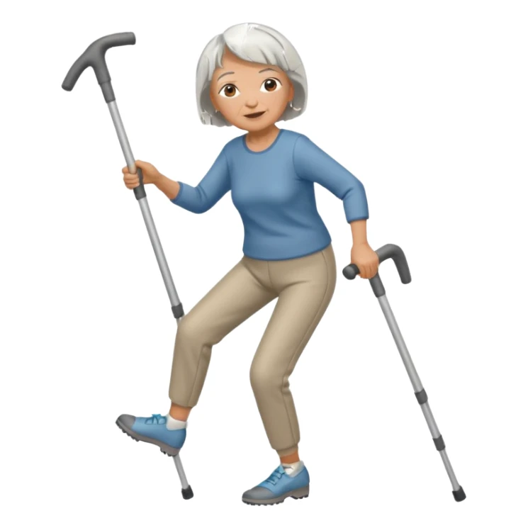 old woman with short hair, dressed with pants,  dancing with crutches sticker