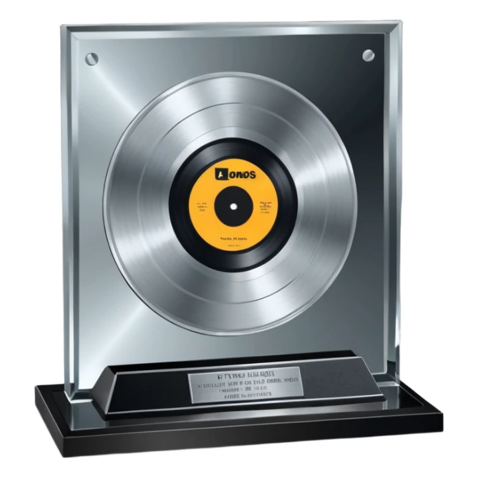 A platinum music award plaque: a square, polished platinum plate with a subtly textured, mirror-like finish, mounted on a simple dark metal base. The center features a relief of a or stylized vinyl record in a slightly darker metallic tone.  sticker