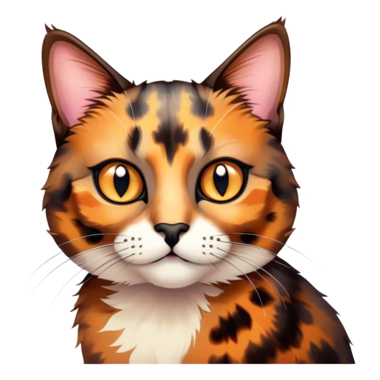Cinematic Cute Tortoiseshell Cat Portrait Emoji, Head cocked sweetly with bright, curious eyes and a cuddly, mottled fur of rich browns and blacks, simplified yet charmingly adorable, highly detailed, glowing with a warm, gentle radiance, high shine, playful and endearing, styled with a dash of whimsical feline magic, soft glowing outline, capturing the essence of a cute tortoiseshell cat that seems ready to pounce with affectionate mischief! sticker