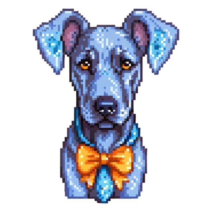 Blue Great Dane dog with a sparkly bow on its ear, pixel art style sticker
