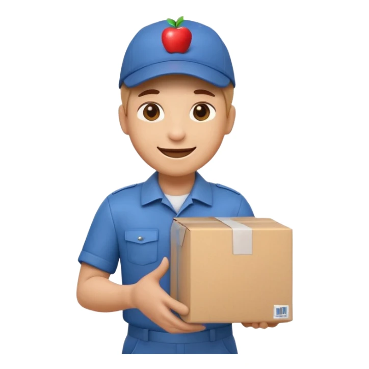 3D Apple-style emoji of a delivery worker holding a cardboard package. Wearing a cap and uniform shirt, smiling expression. Rounded, glossy, smooth, soft shadows, white background.




 sticker