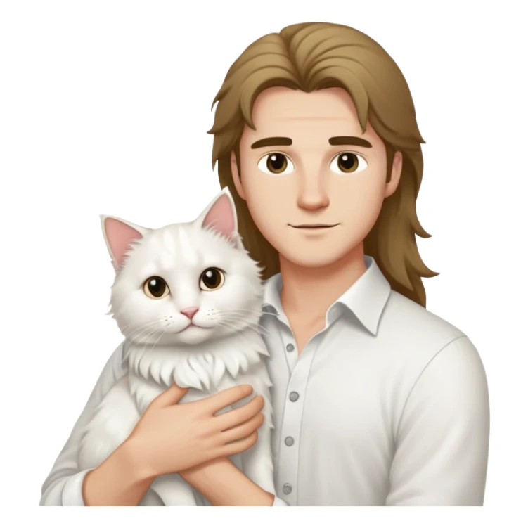 A young handsome Caucasian man in a white shirt holds a long-haired white cat sticker