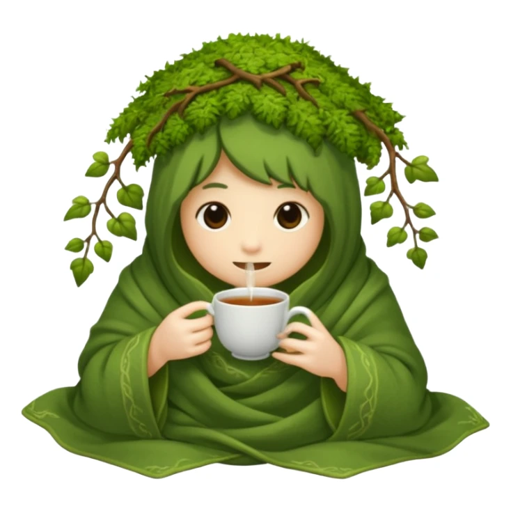moss spirit bundled in vine blanket sipping night tea sticker