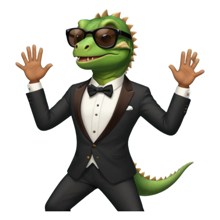 capitalist iguana banker in tuxedo and black sunglasses dancing sticker