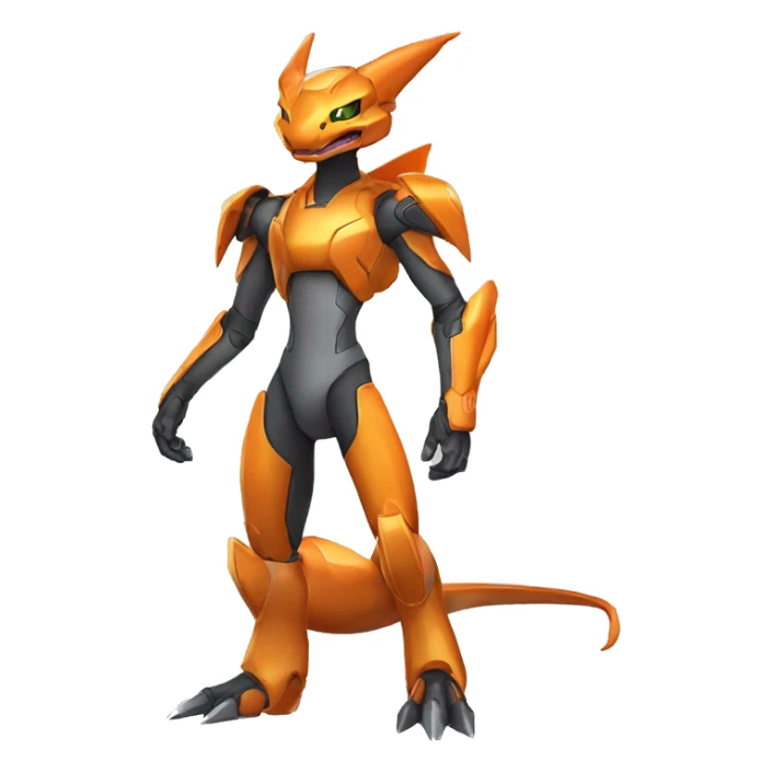 a shiny Genesect-Charizard-Raptor-Fakémon—hybrid with a futuristic visor-helmet full body sticker