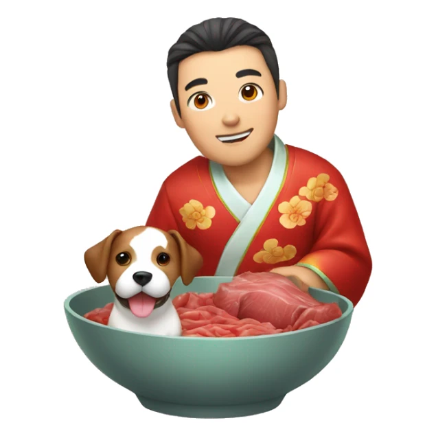 A man dressed in a traditional Chinese costume, holding a dog which is inside of a bowl of beef sticker
