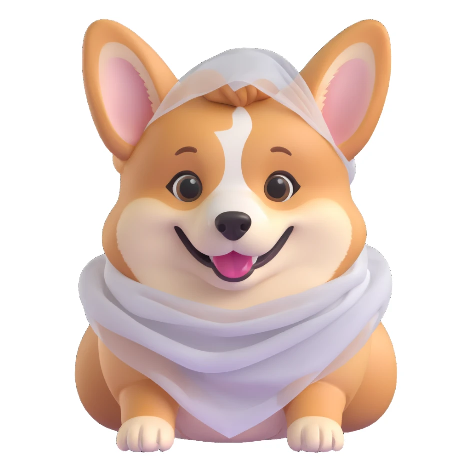 smiling female corgi with a soft veil, 3d emoji style, 20% realistic details in fur and face sticker