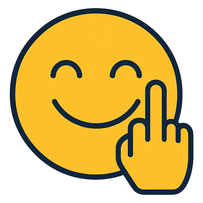smiling emoji face with a stylized hand showing the middle finger, color outlined icon style, modern and bold sticker