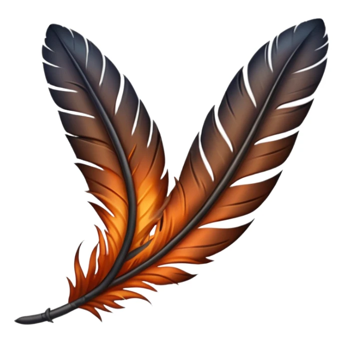 iOS emoji, dark fantasy feather, burned edges, ember glow, soft shadow, minimal sticker