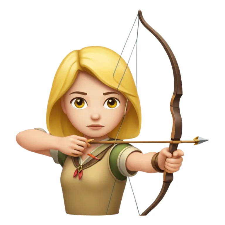 yellow circle emoji face, straight-faced and concentrated, as an archer drawing a bow, classic apple emoji style sticker