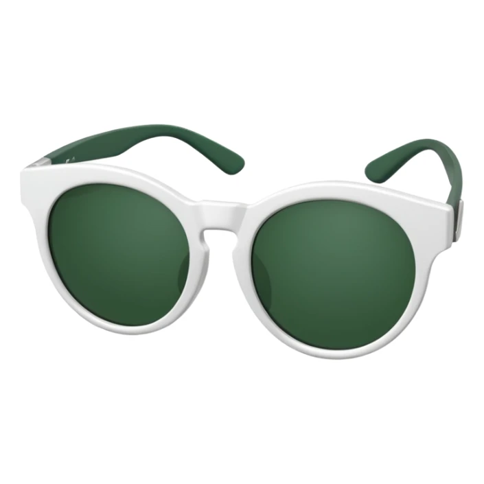 white frame sunglasses folded sideways, dark green lenses, visible lenses and temples, unusual shape, emoji style sticker