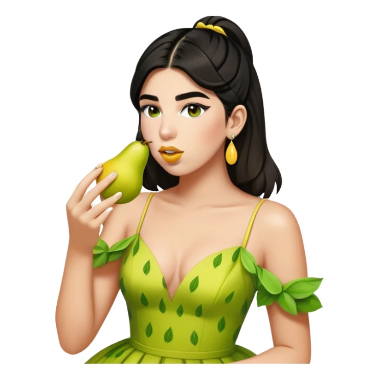 Dua Lipa with the same dress eating a pear sticker