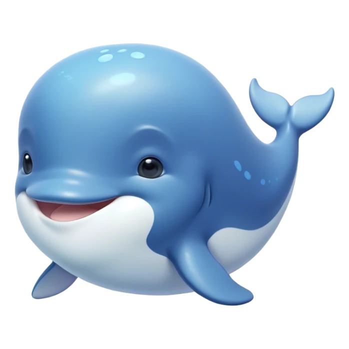 Cinematic happy baby whale, chubby rounded body, tiny smiling face, soft pastel blue hues, gentle glowing waves around, joyful and soothing. sticker