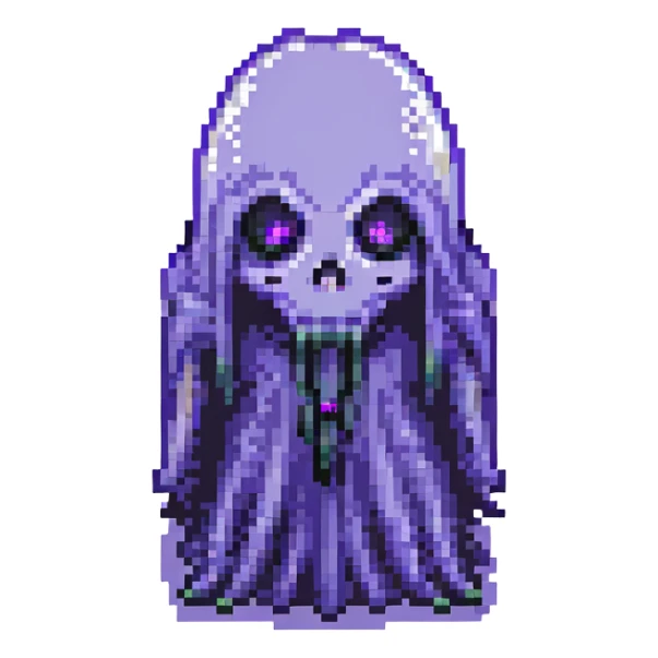 a shadowy tall ghost, black, with hair over its glowing purple eyes, pixel art style sticker