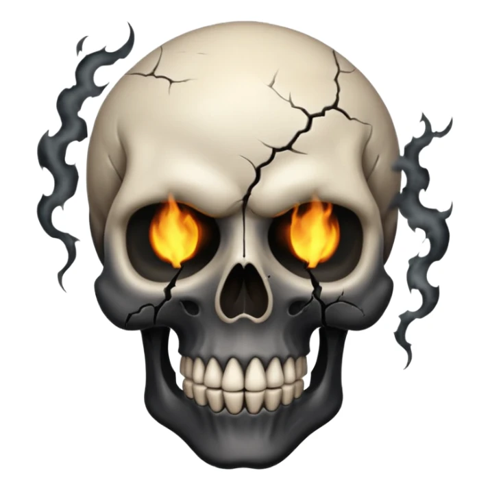 iOS style emoji, dark fantasy skull, cracks, black smoke from eyes, soft light, stylized sticker