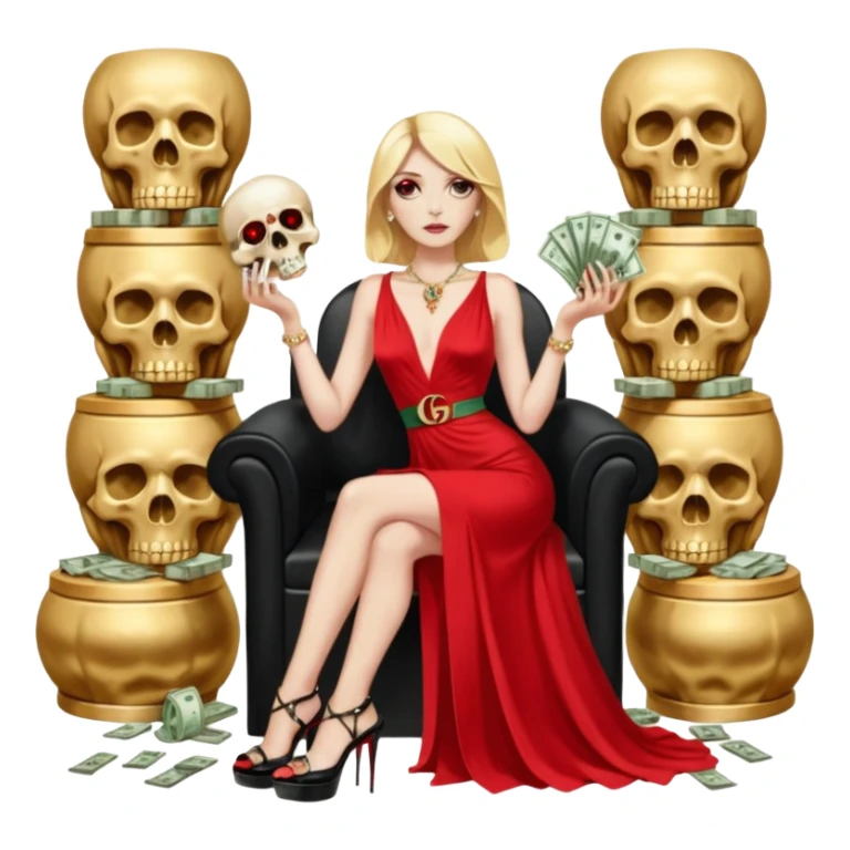 Lilith symbol red eye seductress evil shoulder length blonde haired powerful woman with Gucci  long dress with slit, sitting on of gold and diamonds. Black Platform high heels on feet. seat full of stacks,  dead human skull of her enemies in her other hand sticker