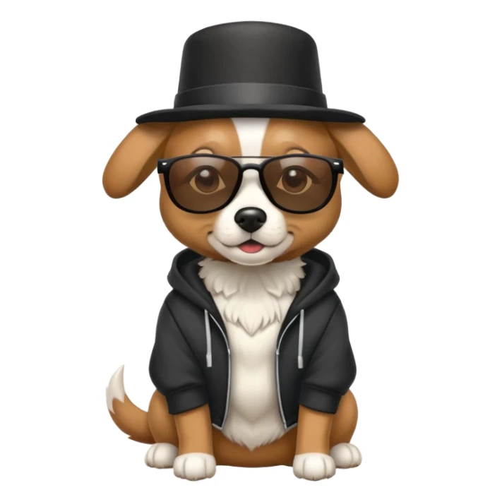 Dog with sunglasses and a hoodie with a top hat sticker