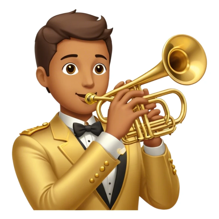 Cinematic Realistic Trumpet, polished brass with warm golden reflections, intricate valve details subtly highlighted, soft hands pressing the keys, glowing with bold and triumphant musical energy. sticker