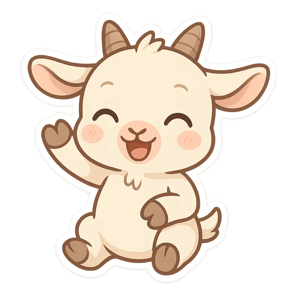 Chibi baby goat with a joyful expression, waving hello with one hoof, simple clean chibi stickers style, designed for a small emote, white background. sticker