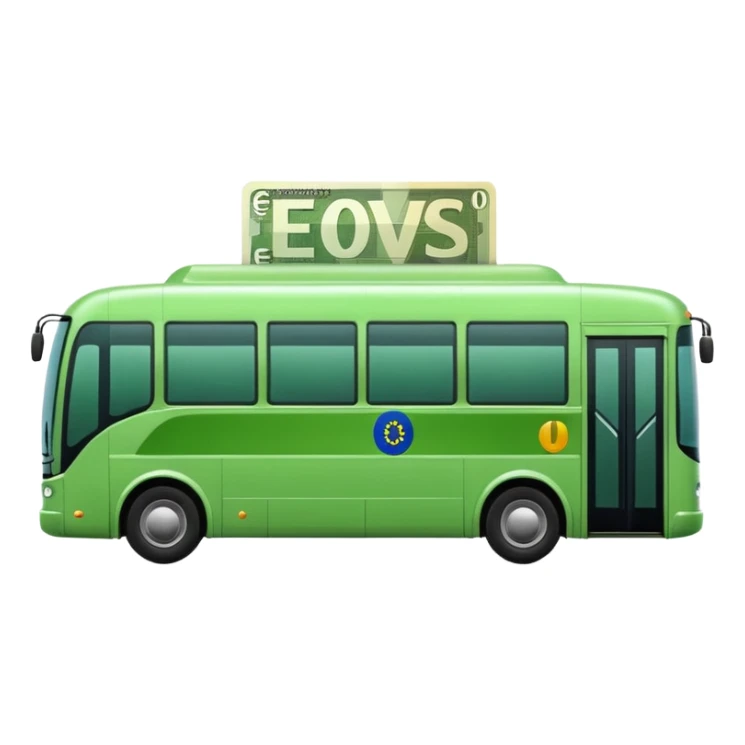 green electric bus with large euro bill marked with 0 sticker