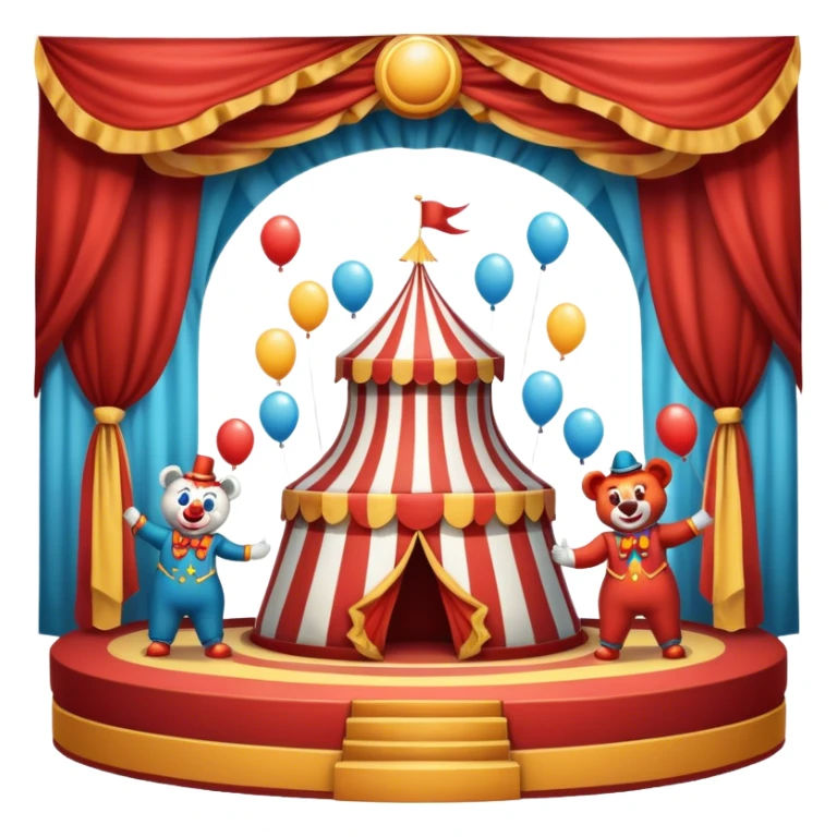 Professional icon for Circus Arts: a dynamic circus stage with acrobats in mid-performance, a clown and trained performing bears. The icon should convey the skill and excitement of the circus, with precise details on costumes, props, and the arena setting. Transparent background. sticker