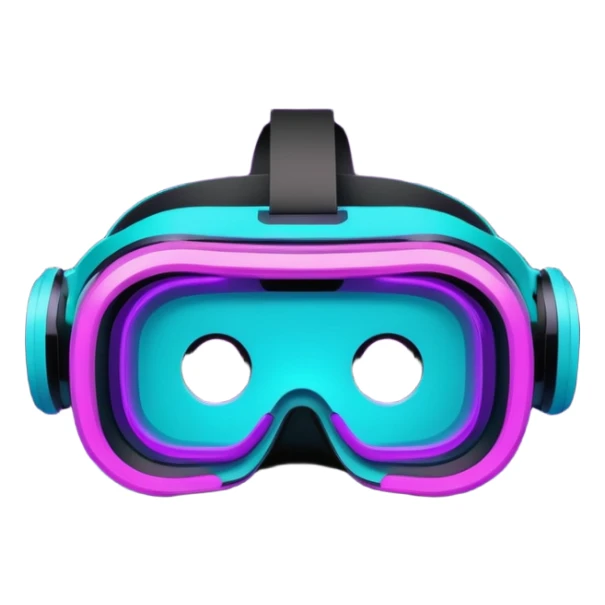 Futuristic glowing VR headset, full visor, immersive design, purple and cyan neon glow, dark background, digital tech style, no face. sticker