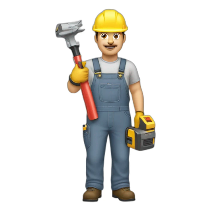 Middle-aged man wearing a yellow engineer helmet and gray overalls, holding an electric tool in his hand sticker