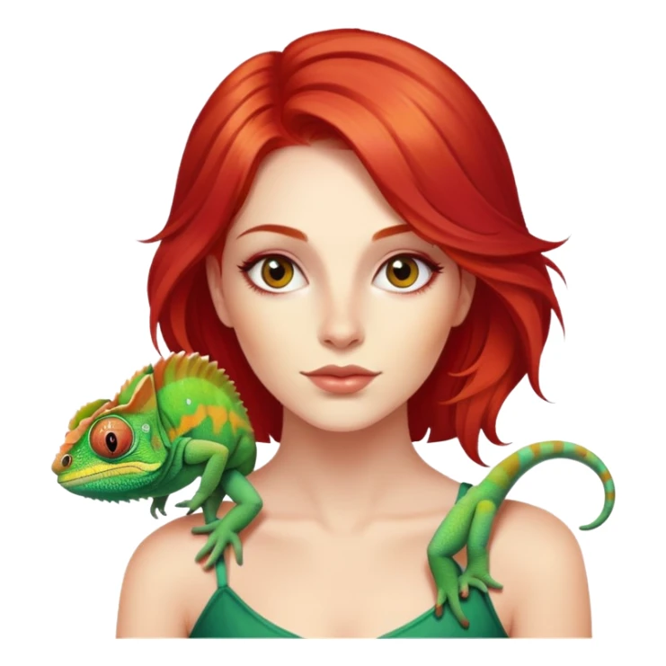 Red hair beauty portrait, with chameleon sticker
