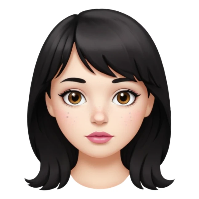 white girl, oval face, bangs and long black, slightly wavy hair. With round brown eyes, small and round nose, full and pink lips. Skin with some freckles. rock style sticker