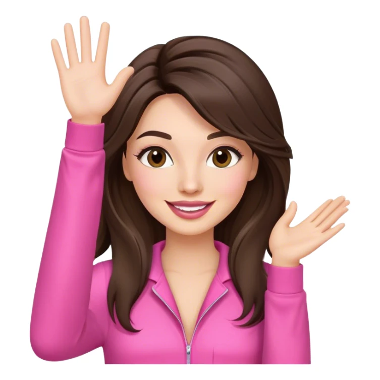 Woman. Brunette. Long layered hair. Long lashes, lipgloss. Pink junmpsuit. Waving, happy face.  sticker