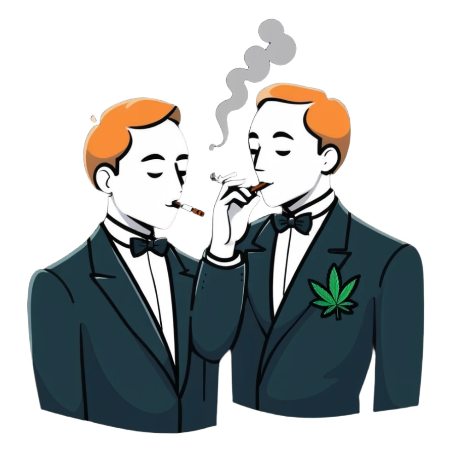 Two men in tuxedos smoking cannabis at a wedding party sticker