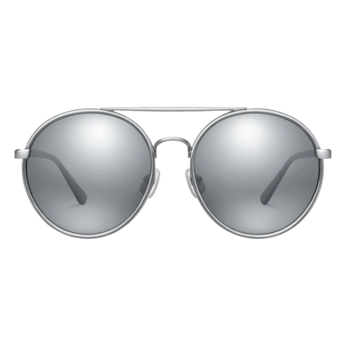 A pair of luxury sunglasses emoji with silver chrome frame, smooth rounded lenses, reflective metallic surface, high-end swag aesthetic, minimal and clean design, iOS emoji style, centered, white background sticker