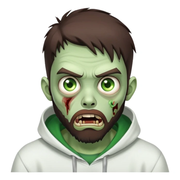 zombie with shocked expression, undercut hairstyle with dark brown hair, short full beard, intense green eyes, wearing plain white hoodie sticker