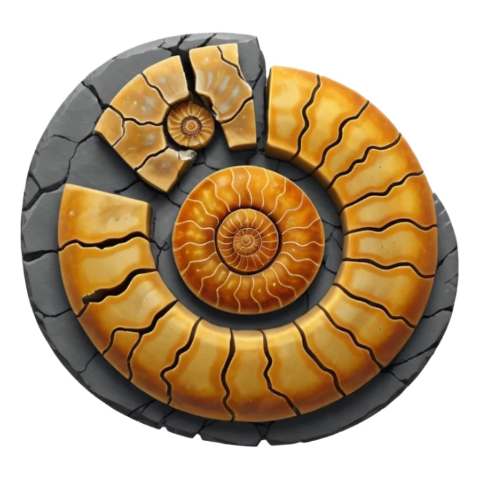3D render of Ammonite, embedded in a chunk of rough sedimentary rock, cracked stone texture, ancient fossil aesthetic, embedded in dark grey slate stone, matte dry finish, Apple emoji style, isolated on white background --v 6.0 sticker