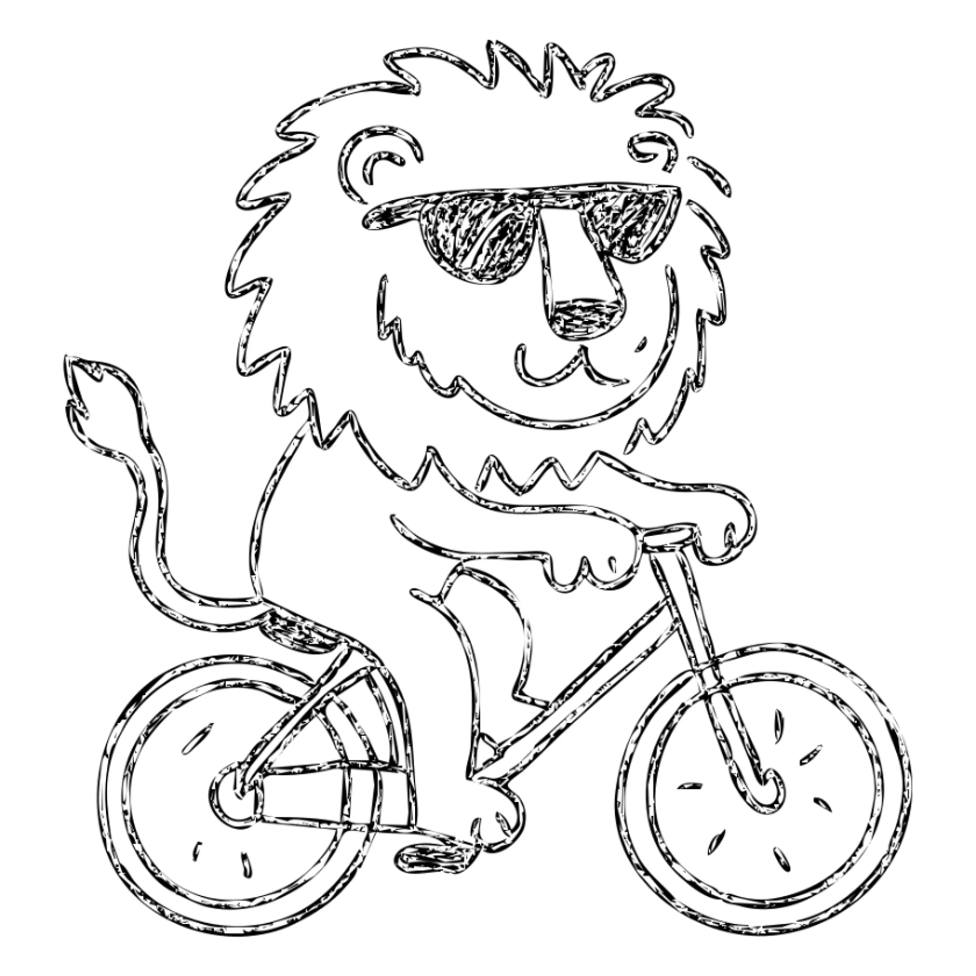 lion with sunglasses on a bike, hand-drawn outlined icon sticker