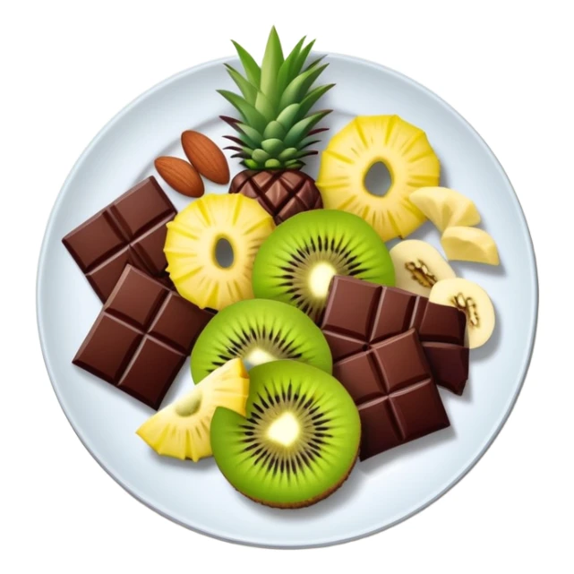 Evening snack plate with dark chocolate squares, mixed nuts, kiwi slice and pineapple chunks sticker