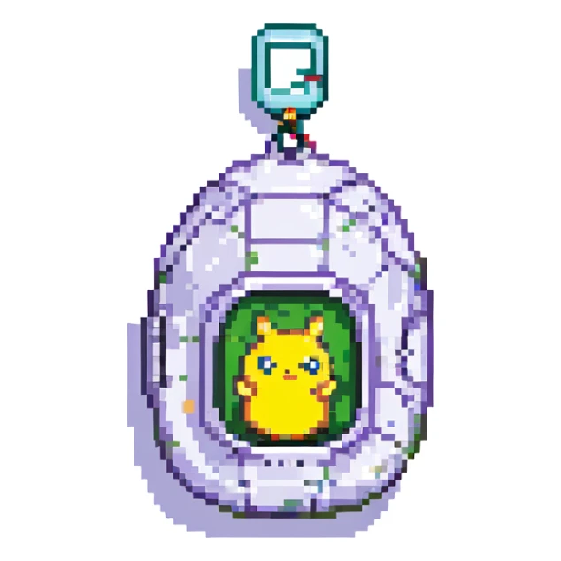 Tamagotchi virtual pet device, pixel art style, egg shaped, three buttons, Mametchi on screen, keychain, retro digital look sticker